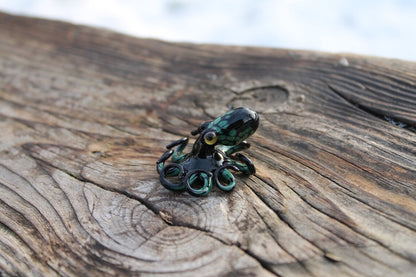 Black Green Blown Glass Octopus Handmade Black And Green Glass Octopus Figurine - Marine Life Art