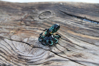 Black Green Blown Glass Octopus Handmade Black And Green Glass Octopus Figurine - Marine Life Art
