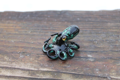 Black Green Blown Glass Octopus Handmade Black And Green Glass Octopus Figurine - Marine Life Art