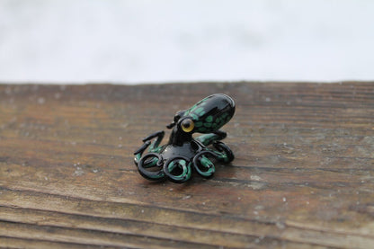 Black Green Blown Glass Octopus Handmade Black And Green Glass Octopus Figurine - Marine Life Art