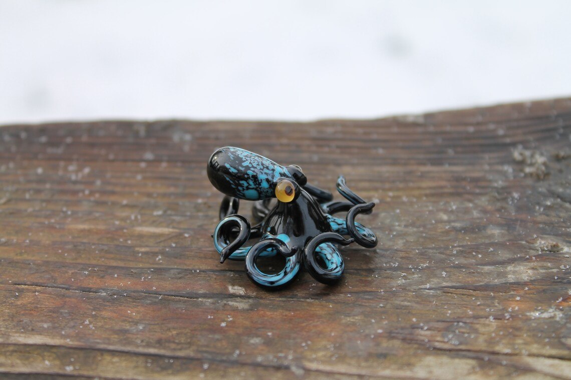 Black Green Blown Glass Octopus Handmade Black And Green Glass Octopus Figurine - Marine Life Art