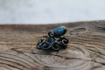 Handmade Black And Blue Glass Octopus Figurine - Miniature Sea Art