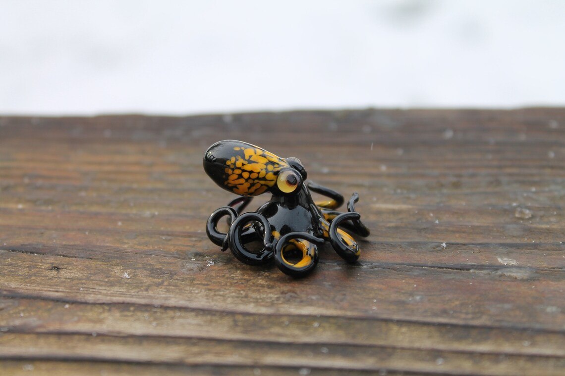 Black Glass Octopus With Yellow Spots – Handmade Mini Sea Sculpture
