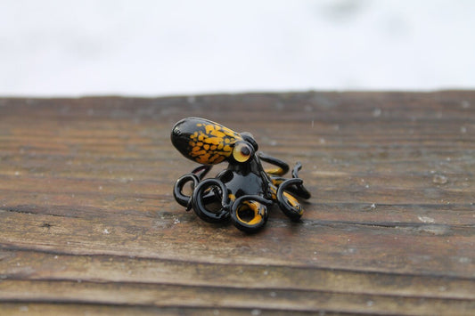 Black Glass Octopus With Yellow Spots – Handmade Mini Sea Sculpture