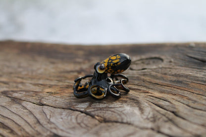 Black Glass Octopus With Yellow Spots – Handmade Mini Sea Sculpture