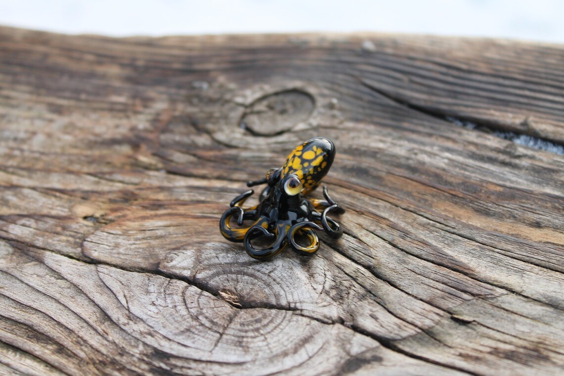 Black Glass Octopus With Yellow Spots – Handmade Mini Sea Sculpture