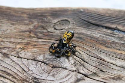 Black Glass Octopus With Yellow Spots – Handmade Mini Sea Sculpture