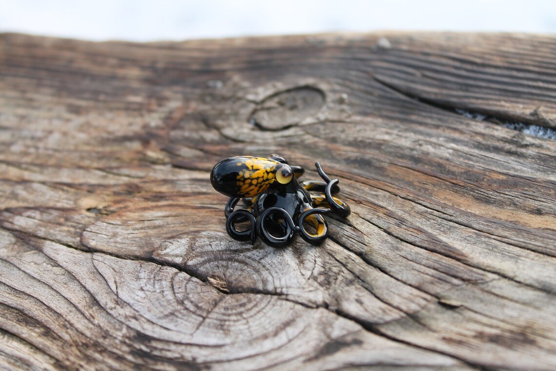 Black Glass Octopus With Yellow Spots – Handmade Mini Sea Sculpture
