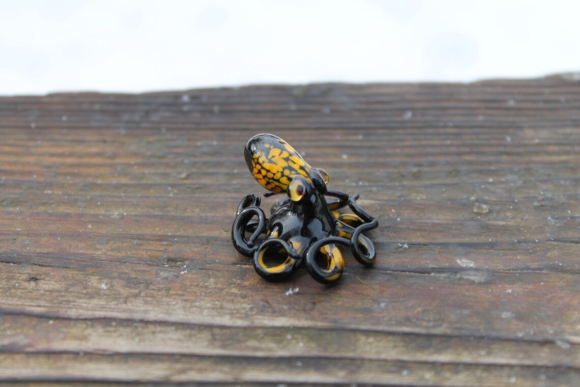 Black Glass Octopus With Yellow Spots – Handmade Mini Sea Sculpture
