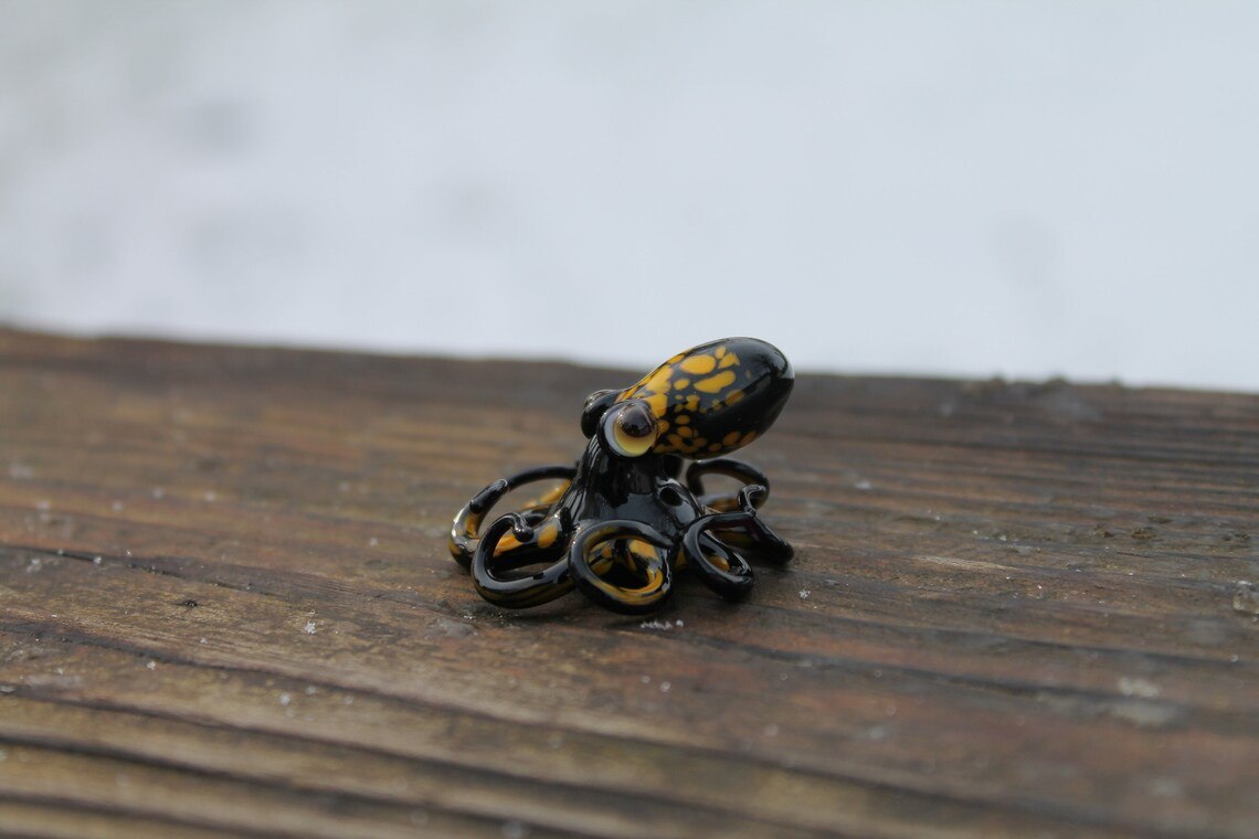 Black Glass Octopus With Yellow Spots – Handmade Mini Sea Sculpture