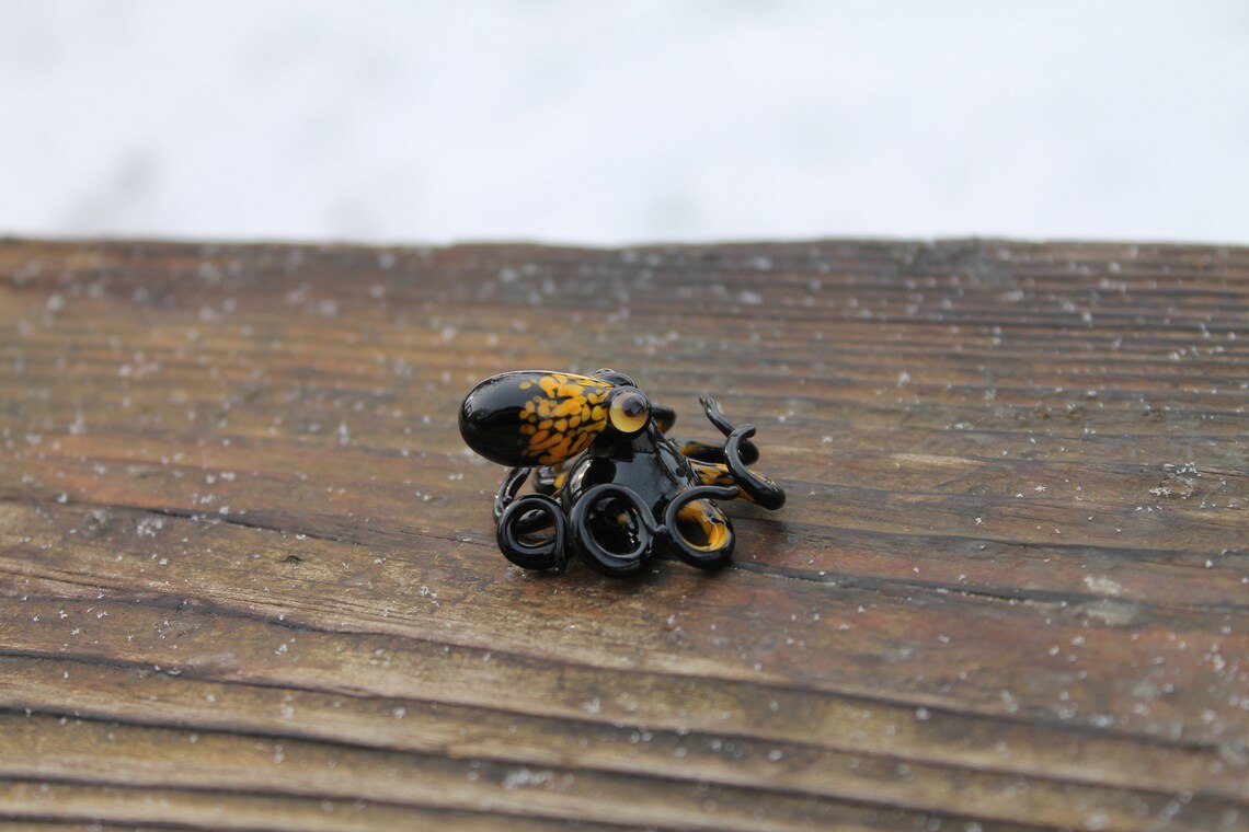 Black Glass Octopus With Yellow Spots – Handmade Mini Sea Sculpture